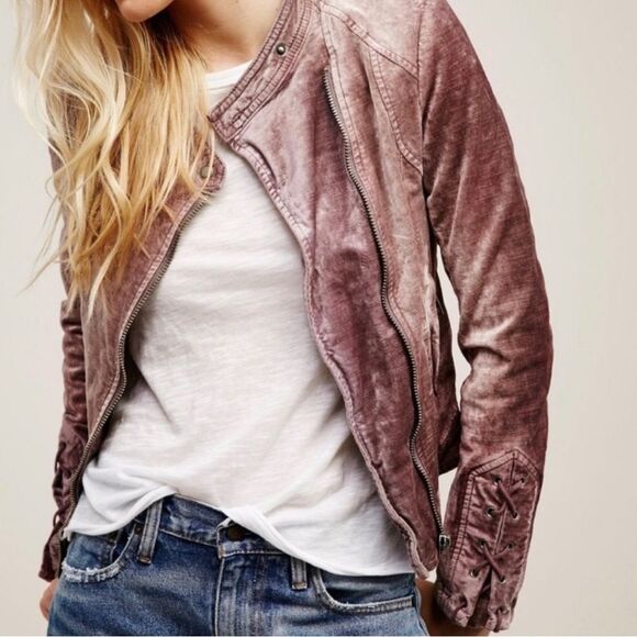 Free People Jackets & Blazers - Free People Lavender Velour Lace Up Zip Front Moto Jacket